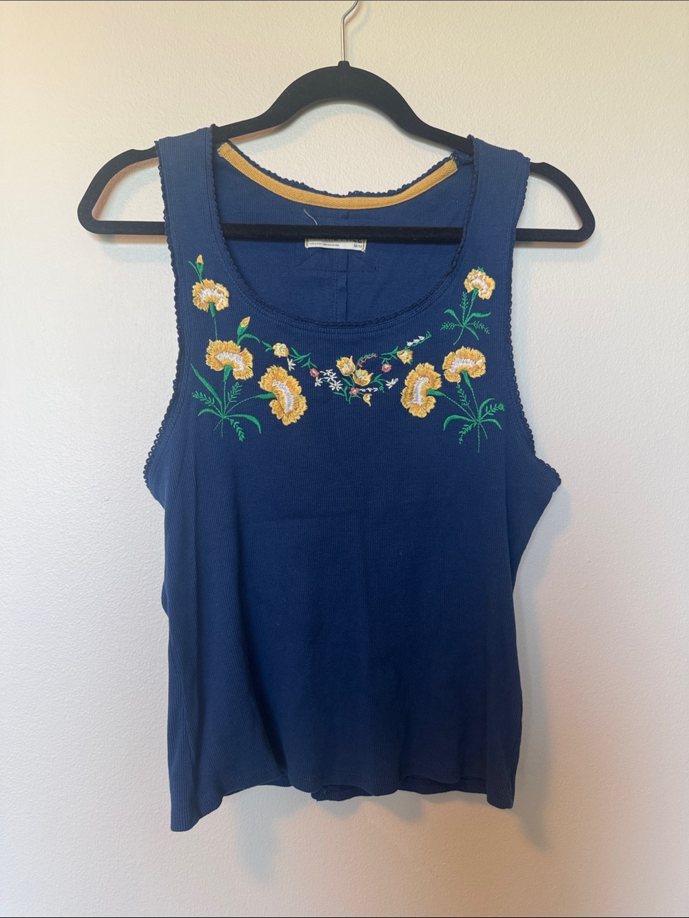 We The Free Navy Tank Top with Yellow and White Floral Embroidery